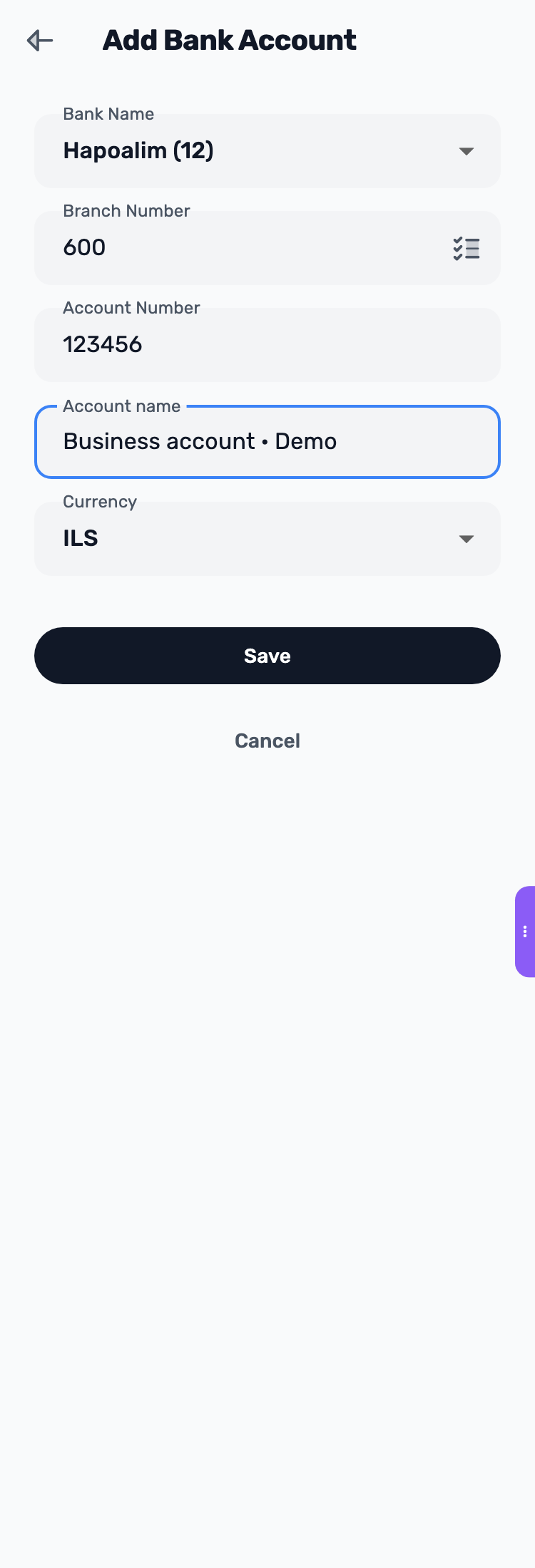 Lynxbe screen: Check the account details Demonstration data.