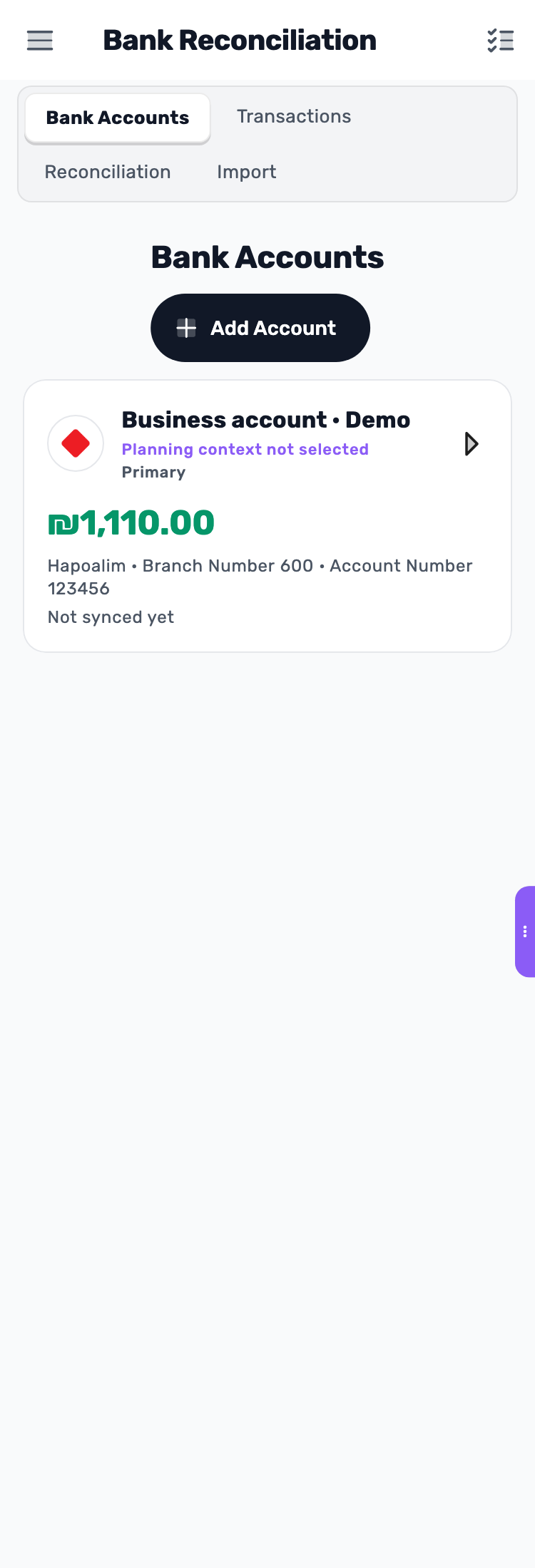 Lynxbe screen: Make sure the account is listed Demonstration data.
