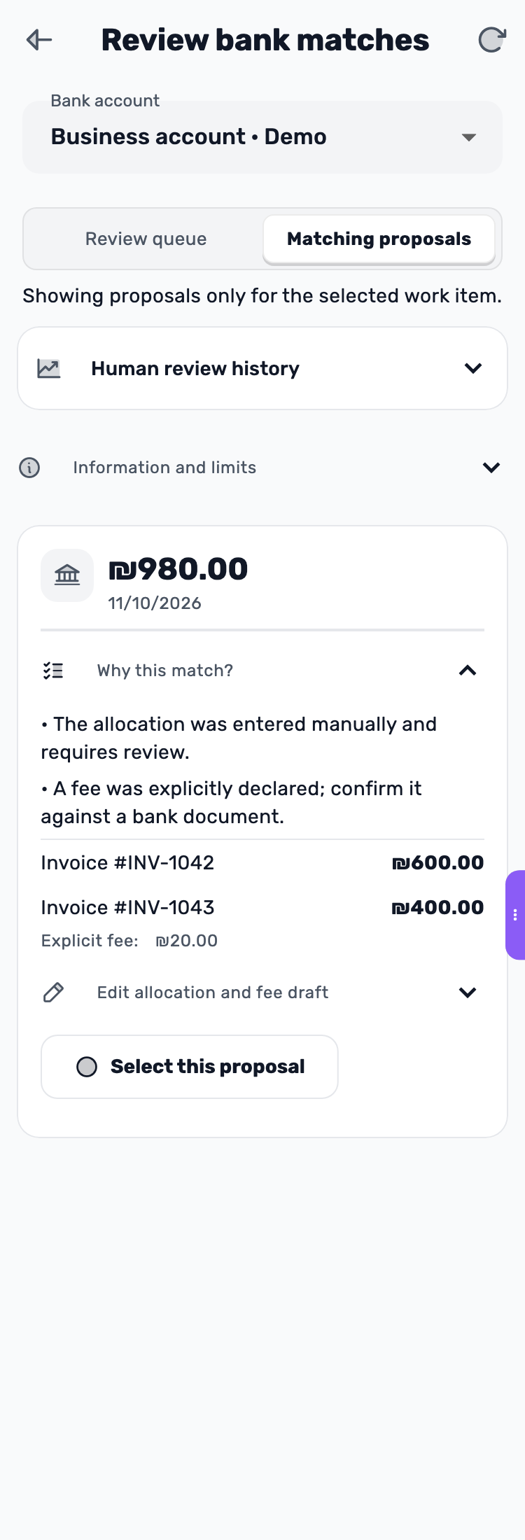 Lynxbe screen: When the difference is a documented fee Demonstration data.