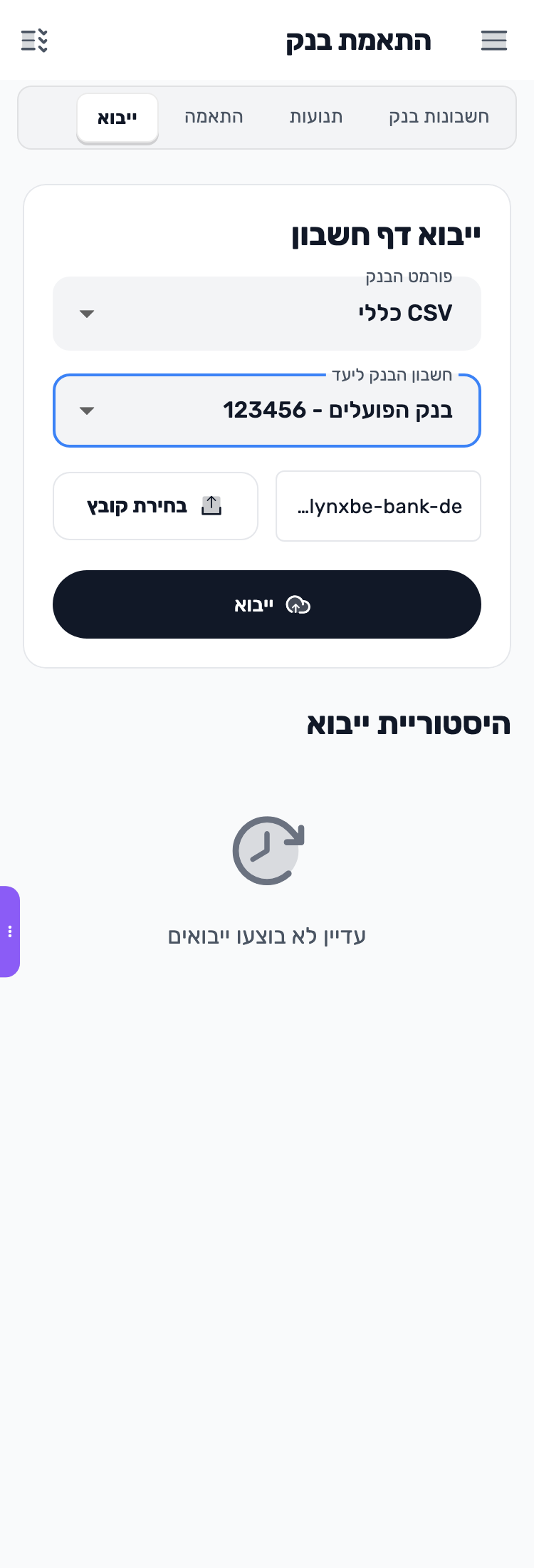 מסך Lynxbe: מתאימים את פורמט הקובץ נתוני הדגמה.