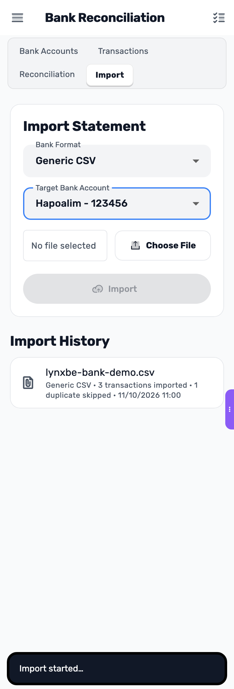 Lynxbe screen: Read the import result Demonstration data.