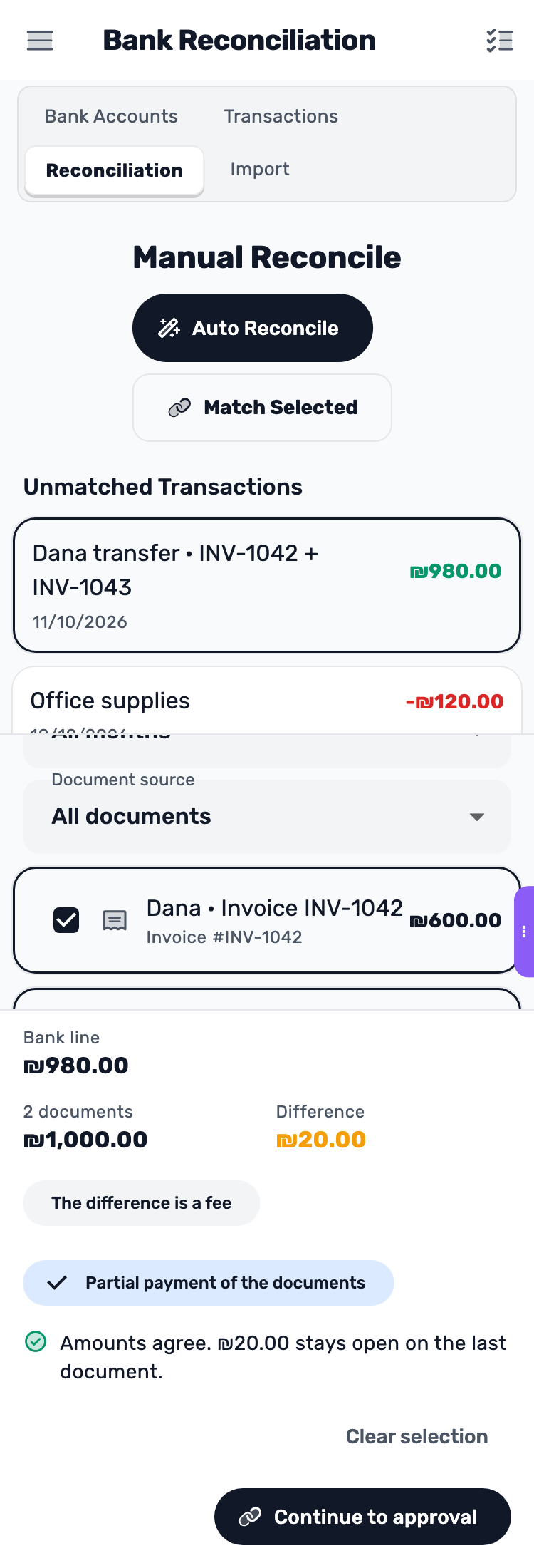 Lynxbe screen: When the payment is partial Demonstration data.