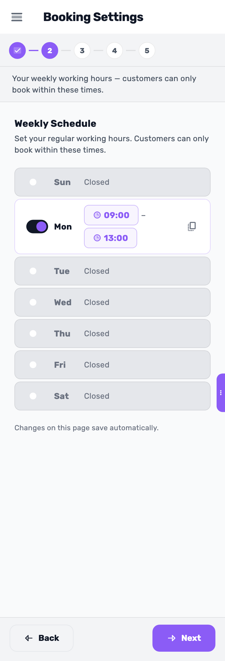 Lynxbe screen: Set when the business is open Demonstration data.