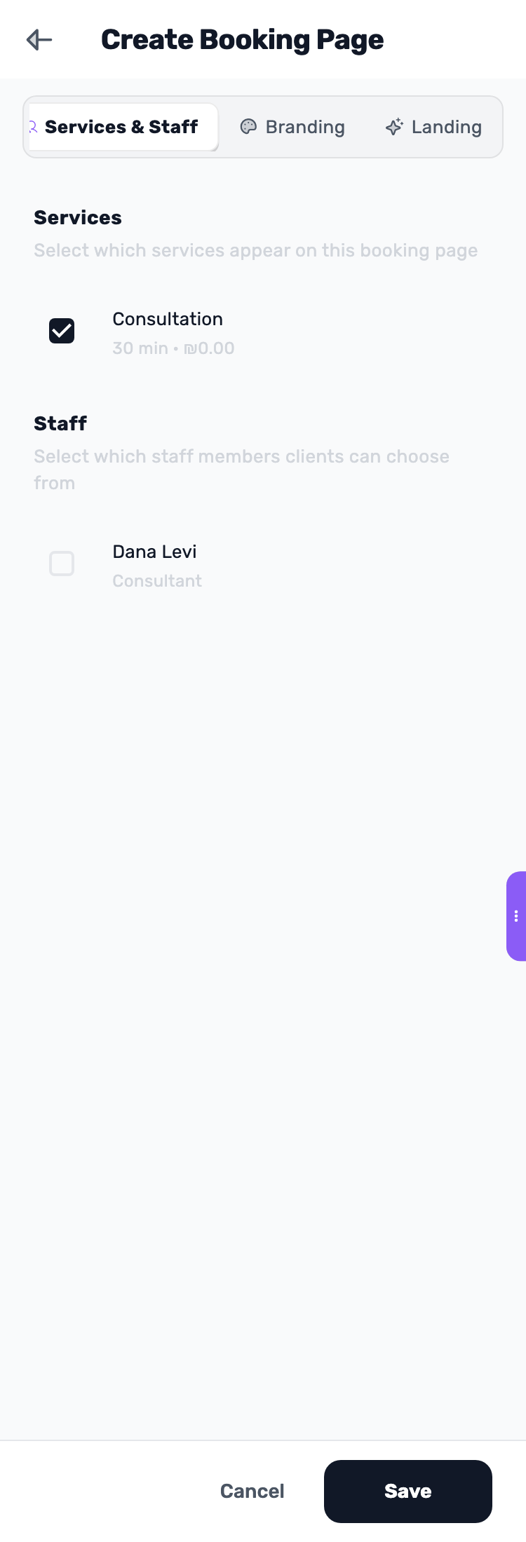Lynxbe screen: Choose what customers can book Demonstration data.