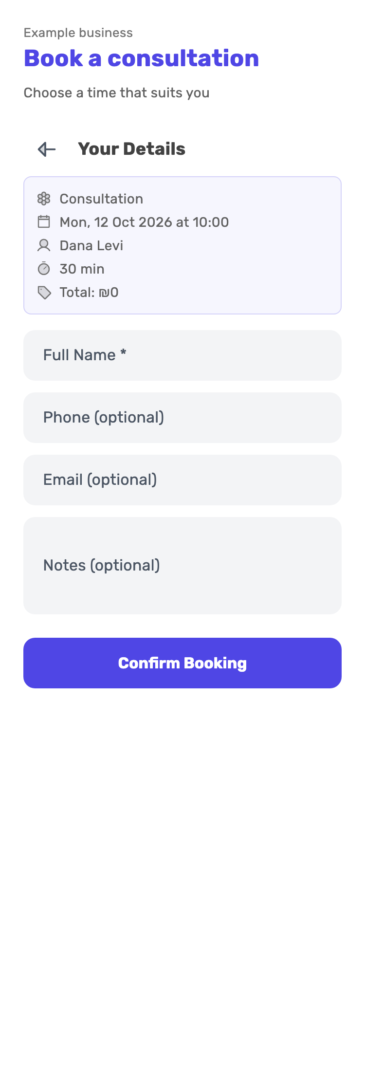 Lynxbe screen: Enter contact details Demonstration data.