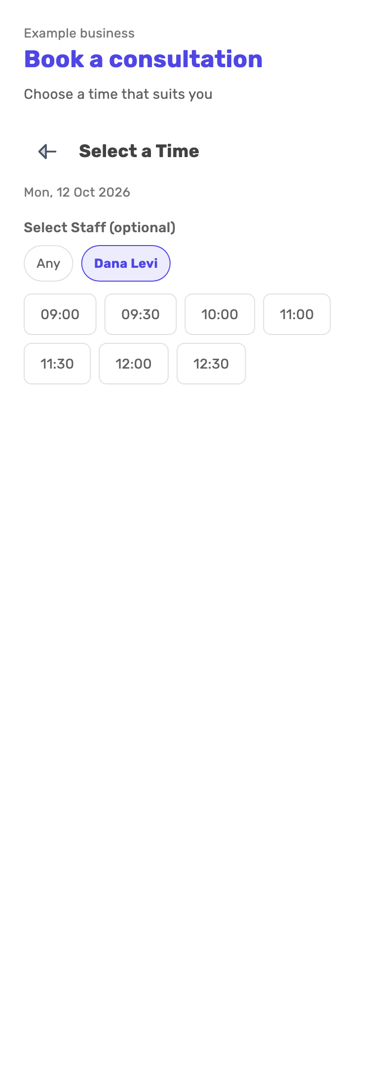 Lynxbe screen: Choose who takes the booking Demonstration data.