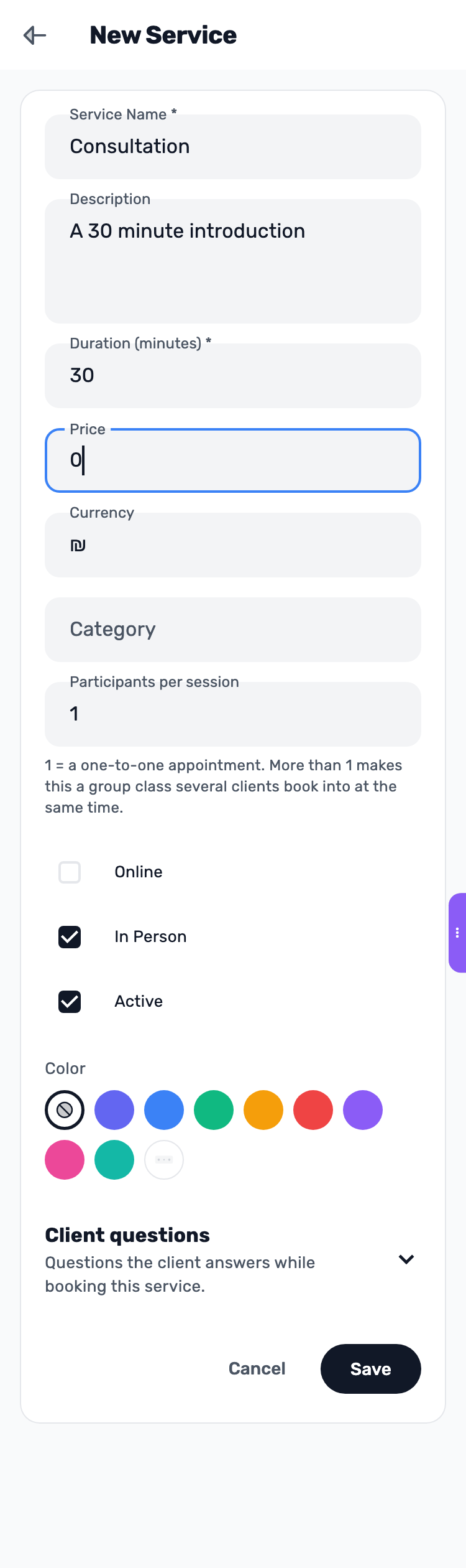 Lynxbe screen: Set duration and price Demonstration data.