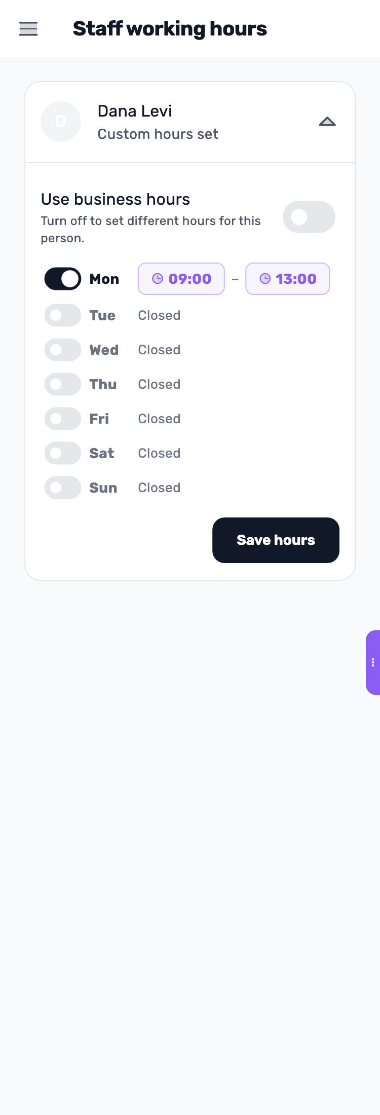 Lynxbe screen: Check staff hours too Demonstration data.
