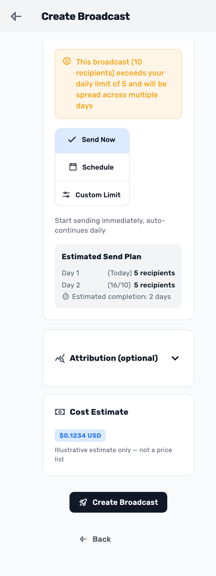 Lynxbe screen: Cost is an estimate before sending Isolated demonstration data.
