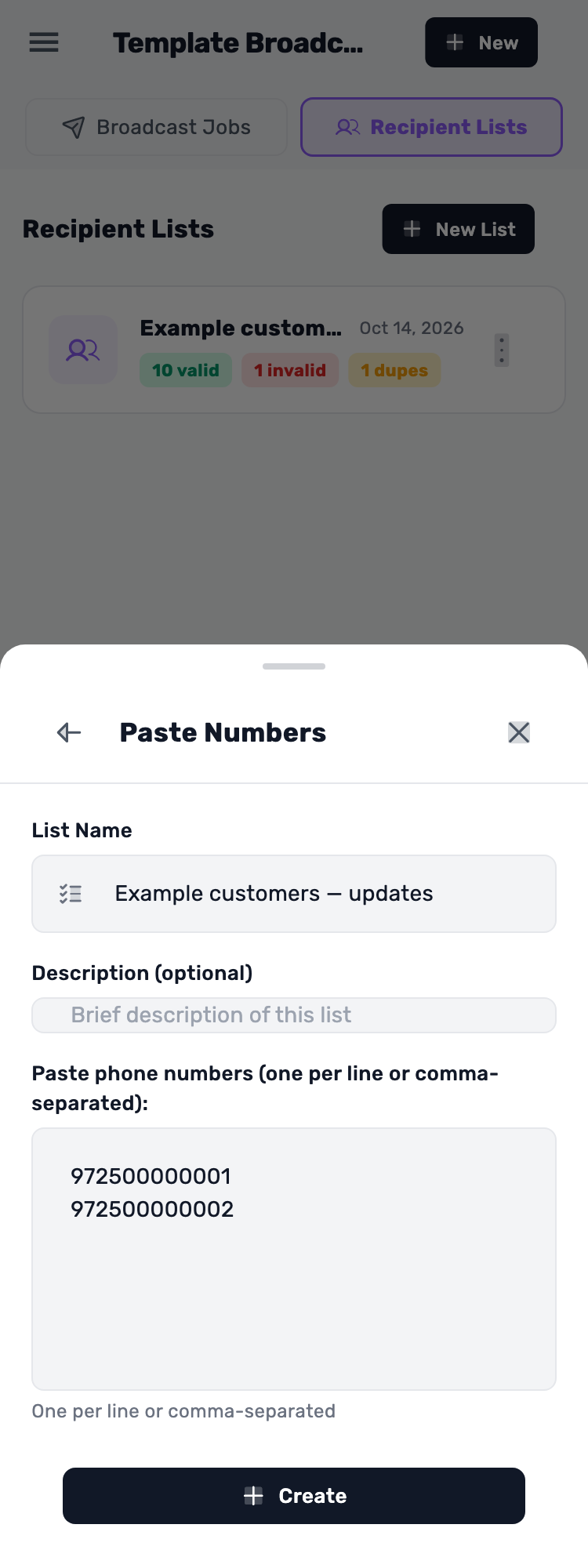 Lynxbe screen: Paste is for phone numbers Isolated demonstration data.