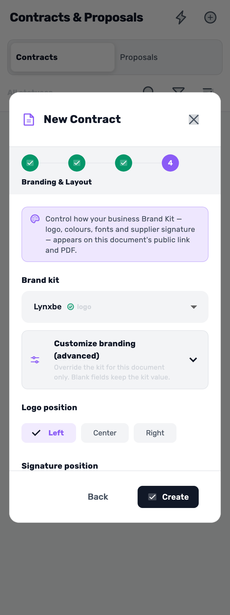 Original Lynxbe screen: One last check. Then create. Isolated demonstration document.
