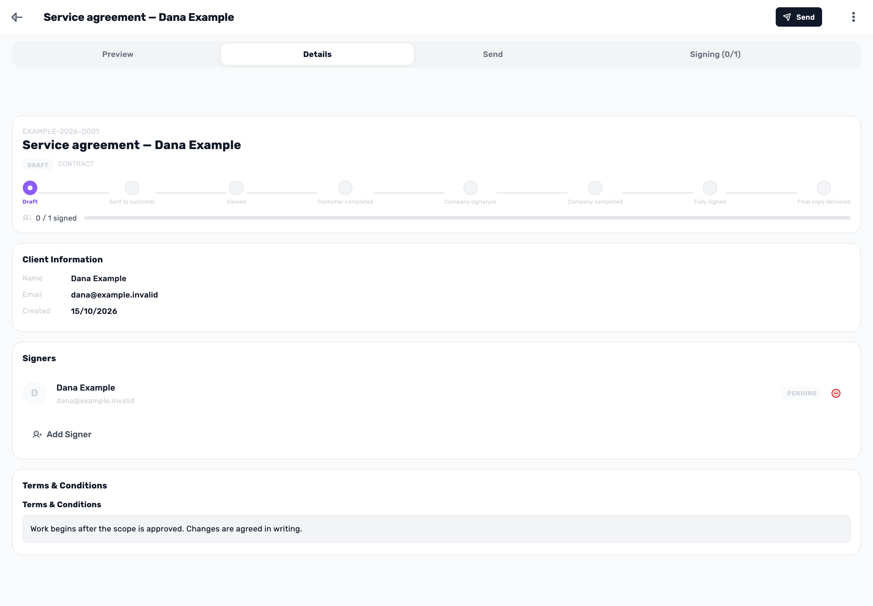 Preview from the guide: Contracts and signing. From draft to ready to send.