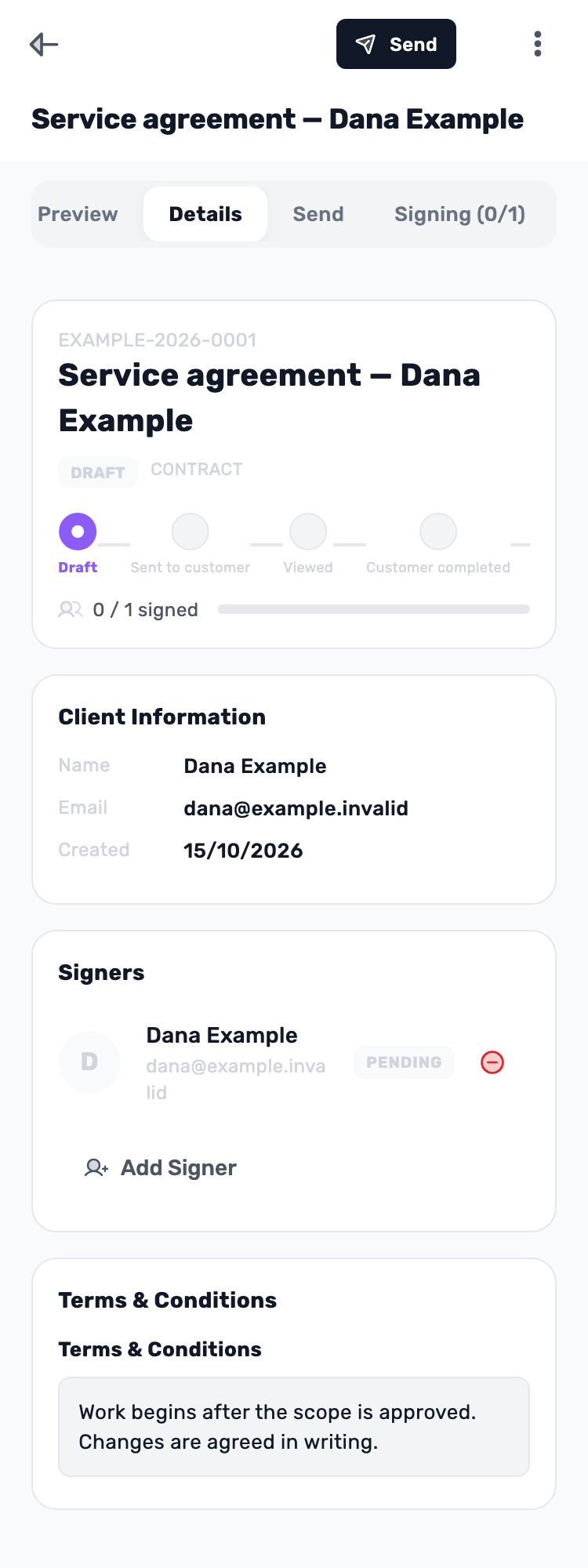 Original Lynxbe screen: A saved draft. A signer still waiting. Isolated demonstration document.
