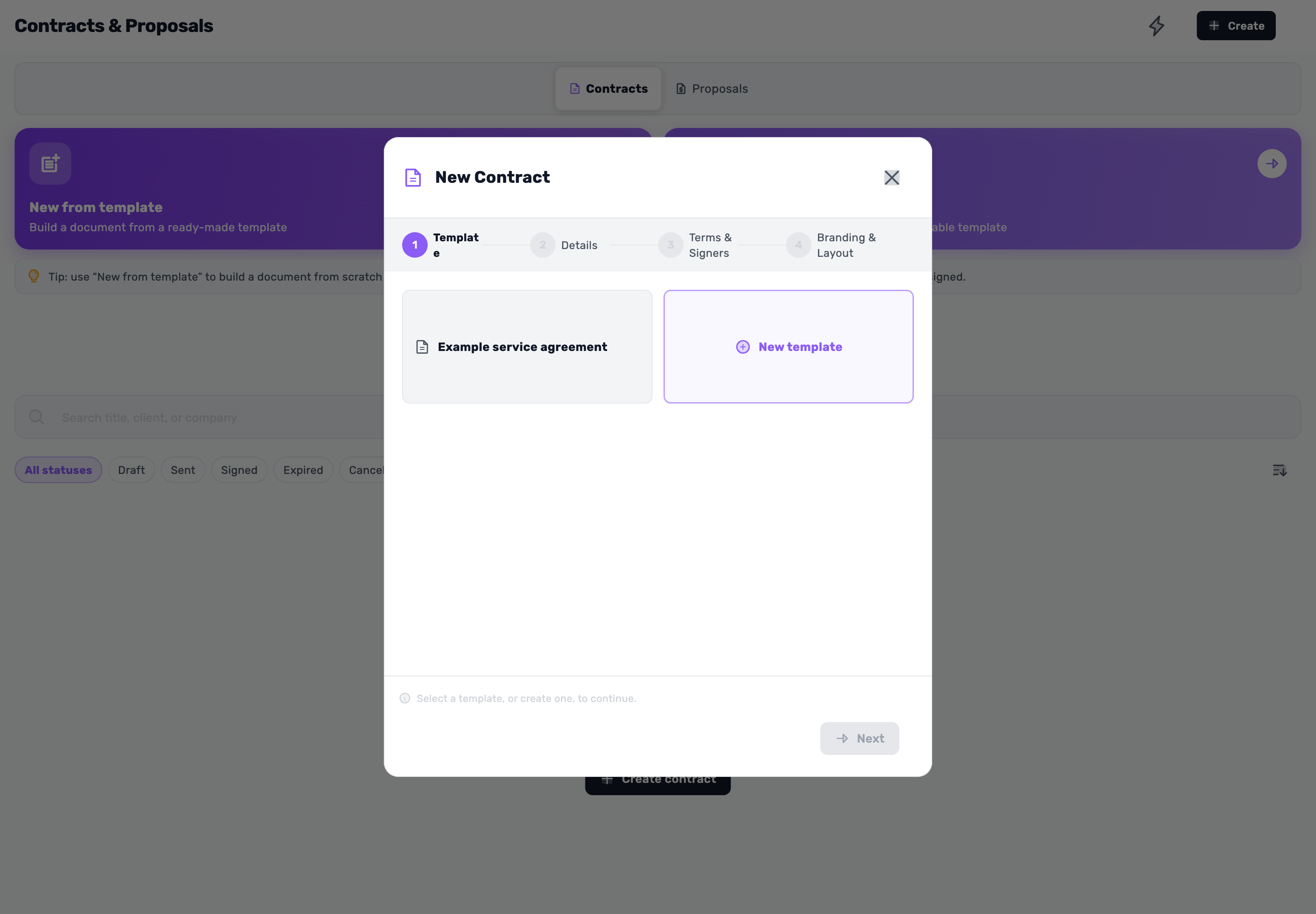 Original Lynxbe screen: Start with a new contract. Isolated demonstration document.