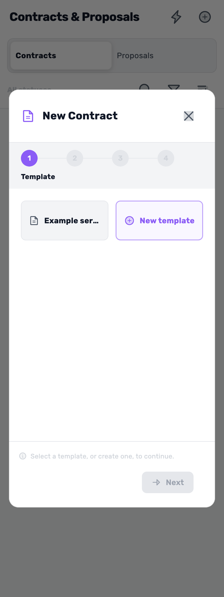 Original Lynxbe screen: Start with a new contract. Isolated demonstration document.