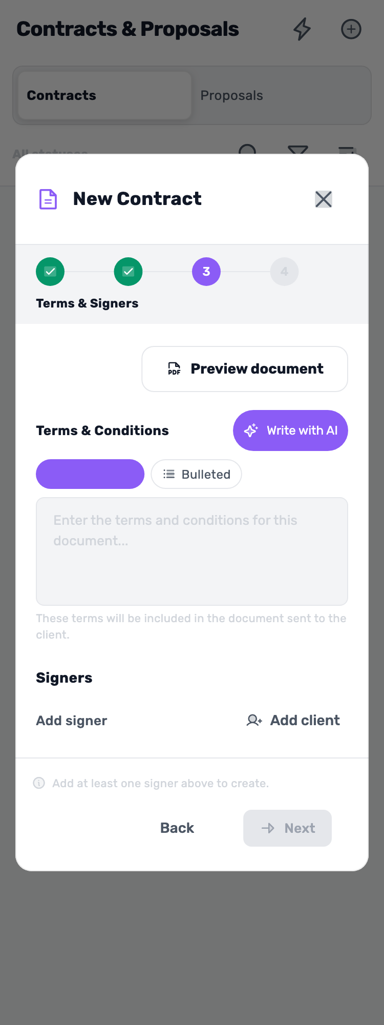 Original Lynxbe screen: Terms and signers. Before creation. Isolated demonstration document.