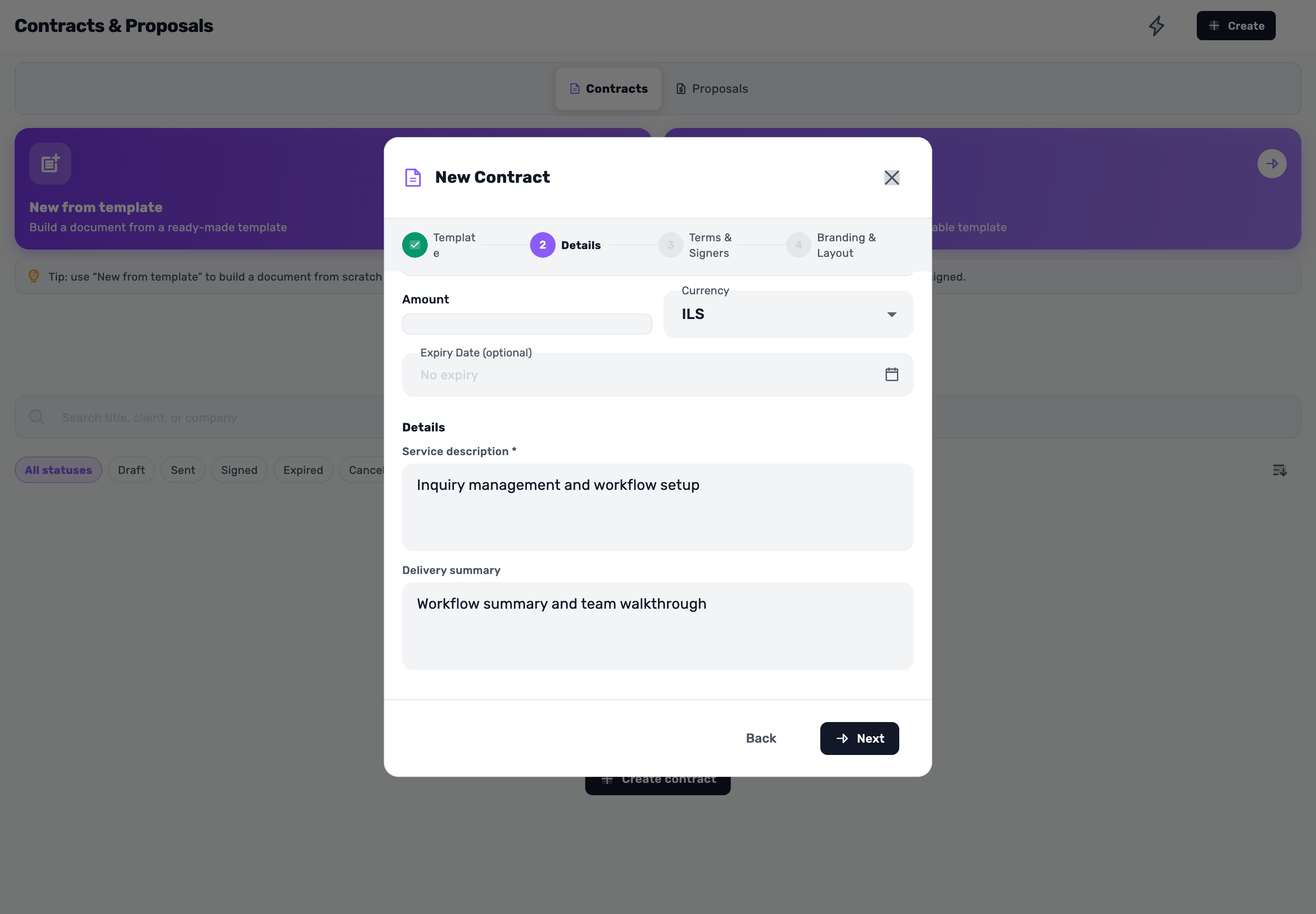Original Lynxbe screen: Fill in what the service includes. Isolated demonstration document.