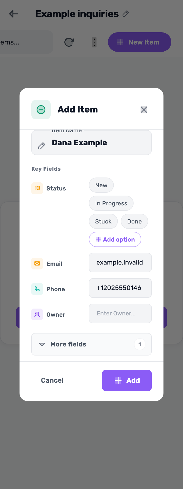 Original Lynxbe screen: Add the first inquiry. Lead board with isolated demonstration data.