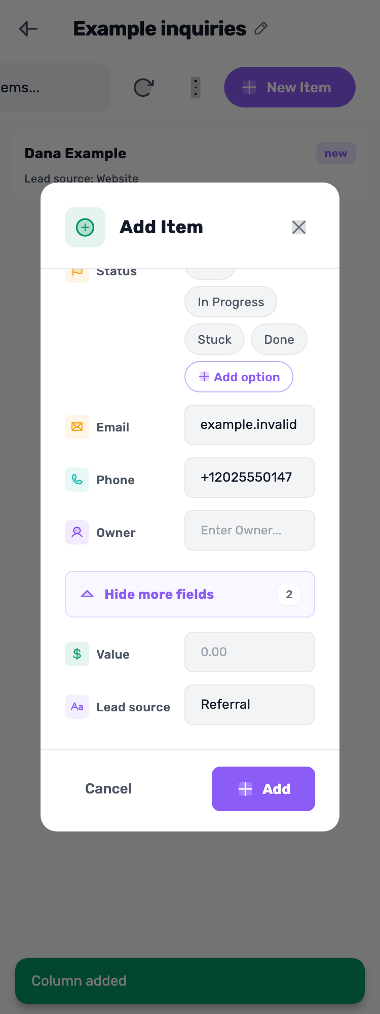 Original Lynxbe screen: Add a second inquiry for comparison. Lead board with isolated demonstration data.