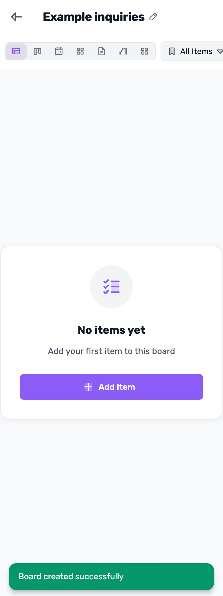 Original Lynxbe screen: The board is ready for its inquiries. Lead board with isolated demonstration data.