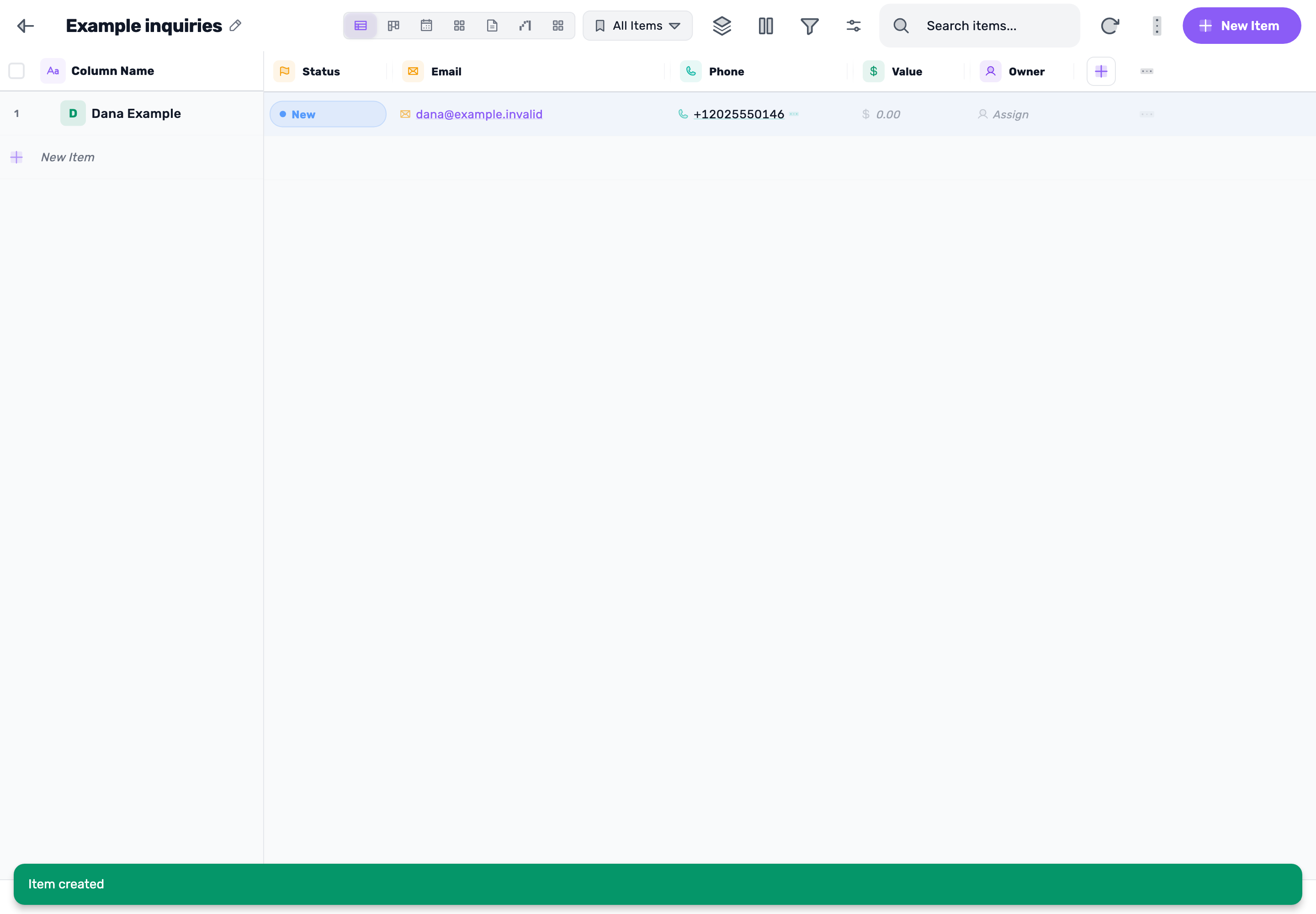 Original Lynxbe screen: One inquiry. Details you can check. Lead board with isolated demonstration data.