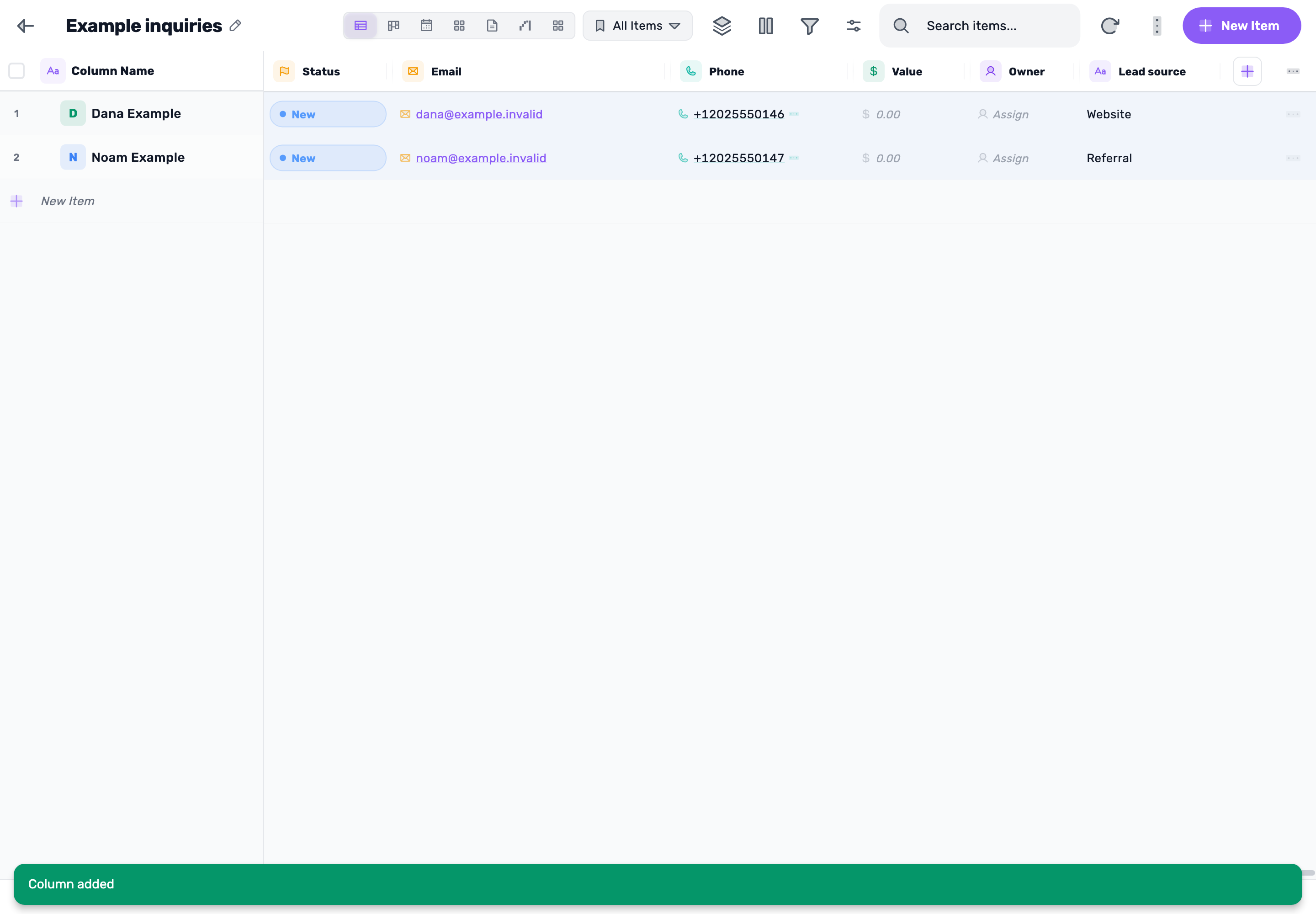 Original Lynxbe screen: Two inquiries. One board. Lead board with isolated demonstration data.