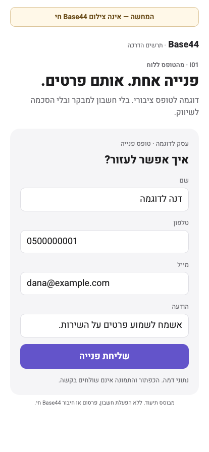 המחשת Base44: פנייה אחת לבדיקה. דוגמה מקומית; אינה צילום מחשבון ספק.
