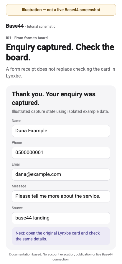 Base44 illustration: Submit. Then wait. Local example; not a provider-account capture.