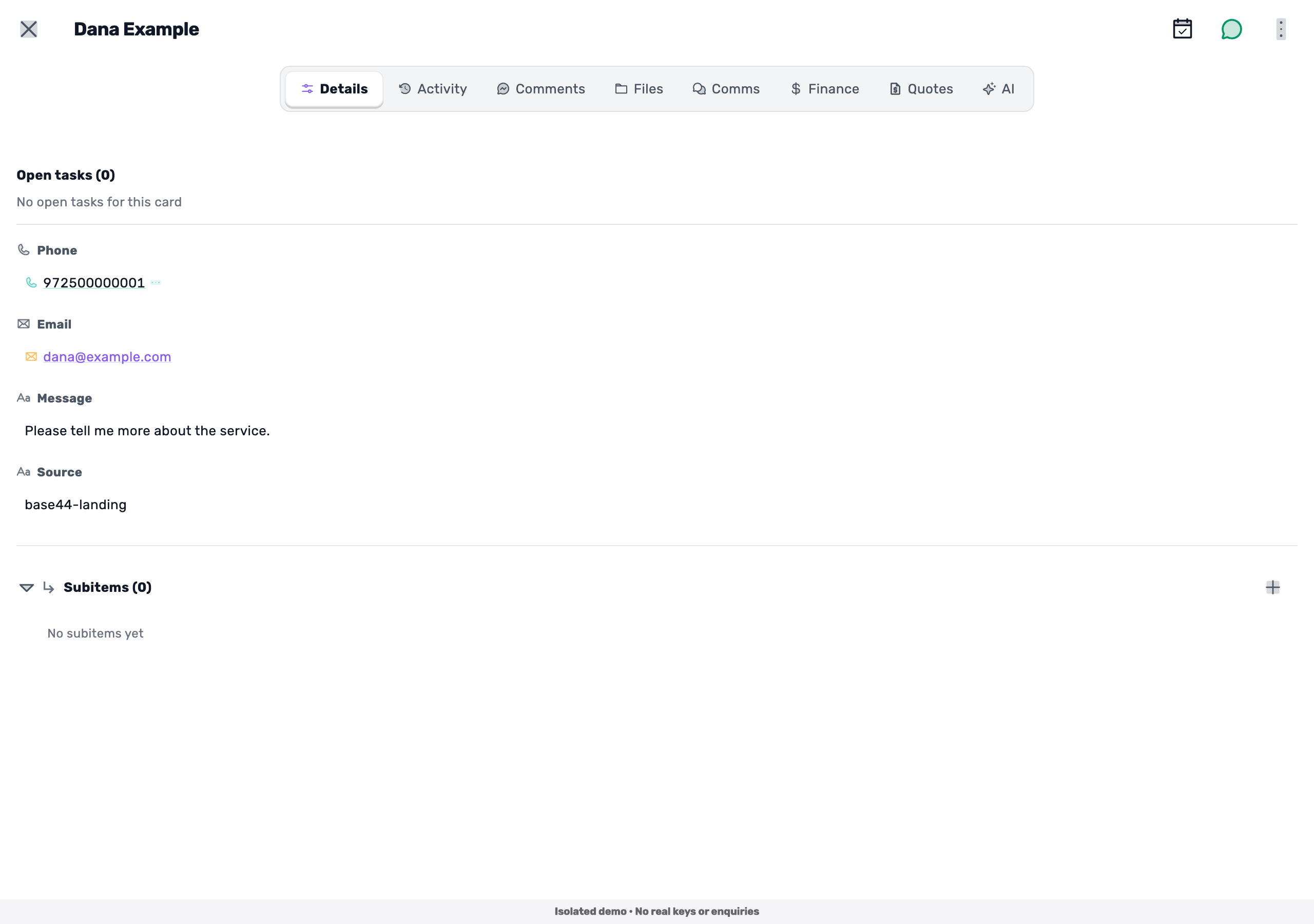 Preview from the guide: Base44 — from a website form to the Leads board