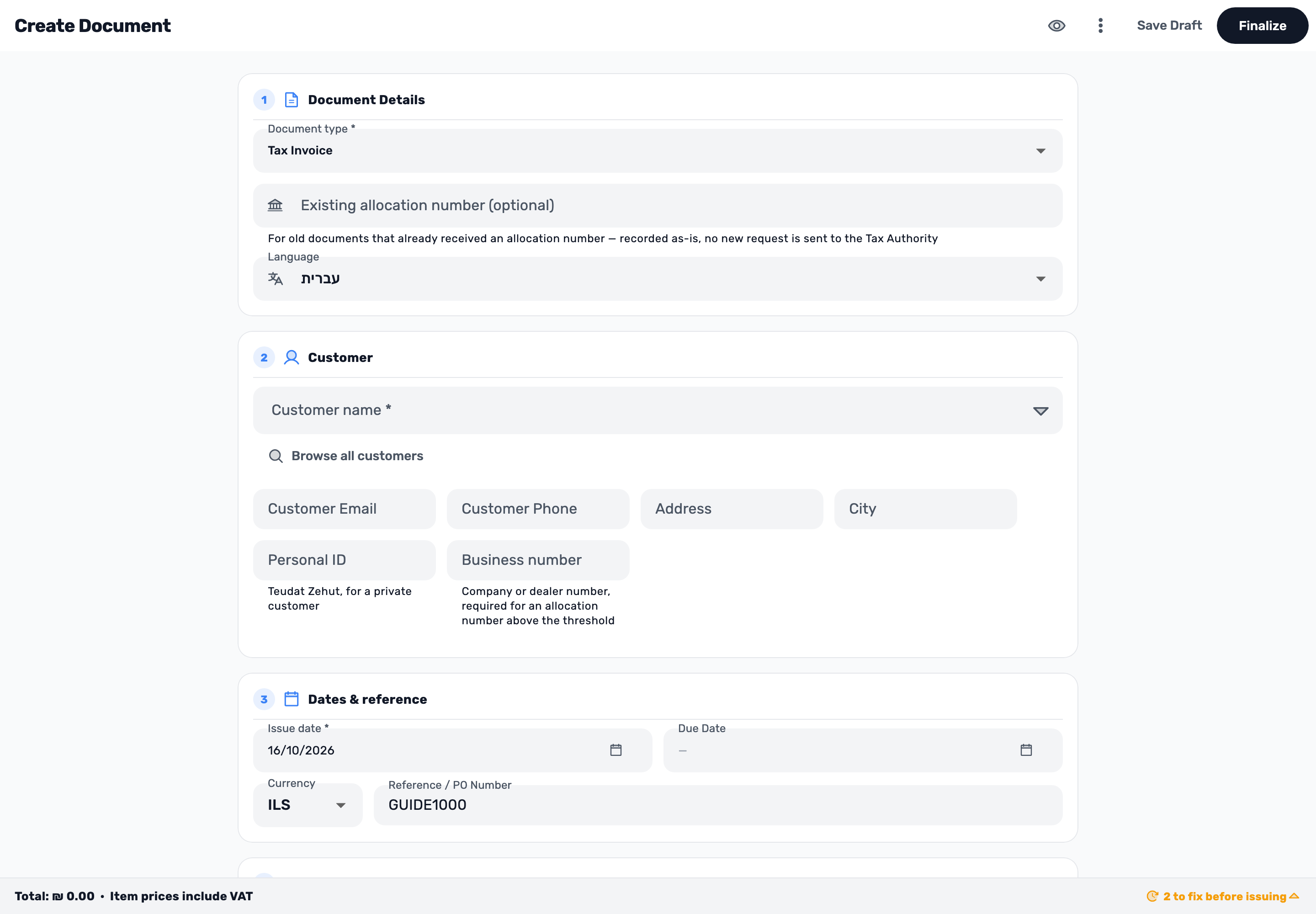 Original Lynxbe screen: Open a new document. Isolated demonstration data.