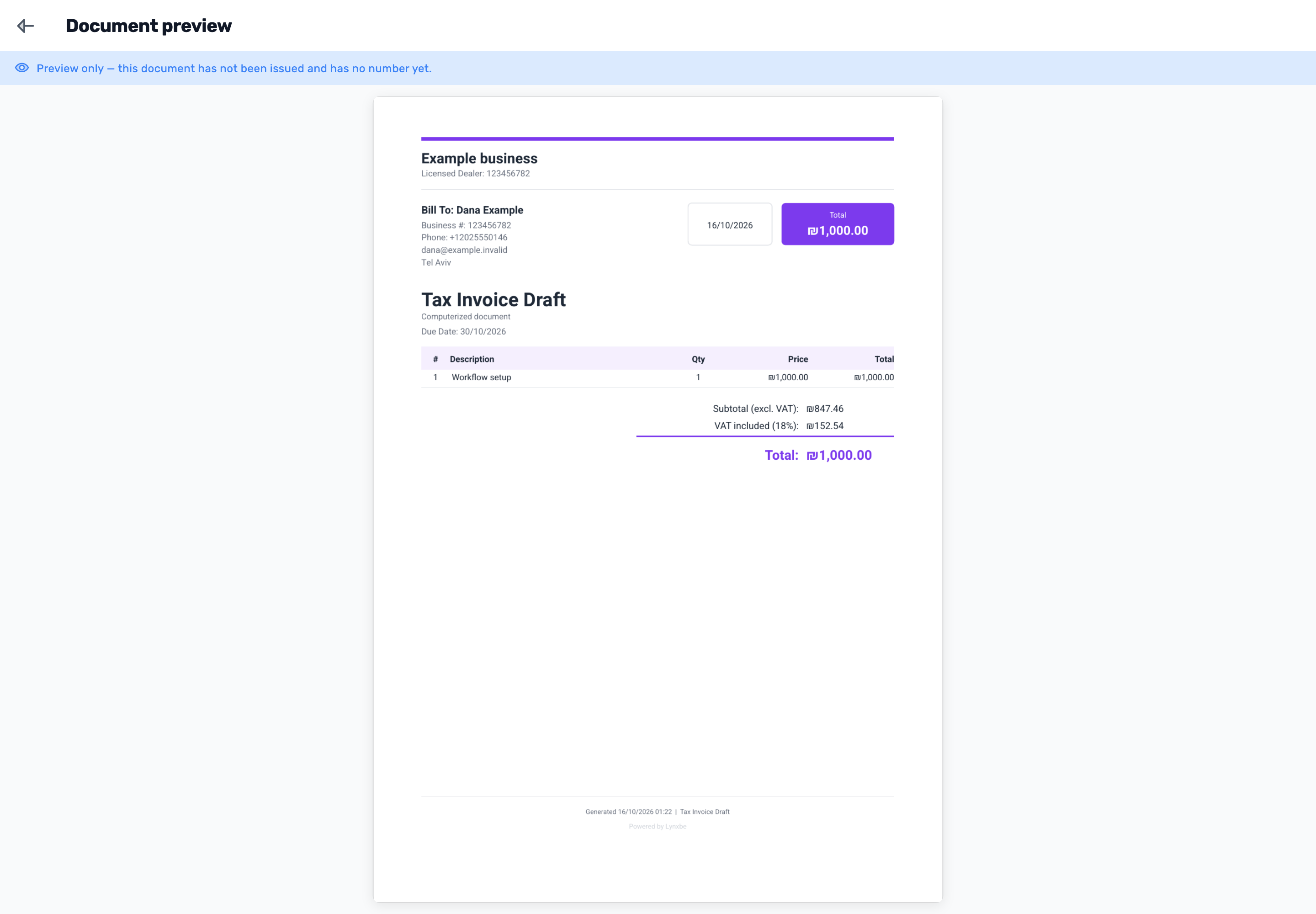Original Lynxbe screen: Review before issue. Isolated demonstration data.