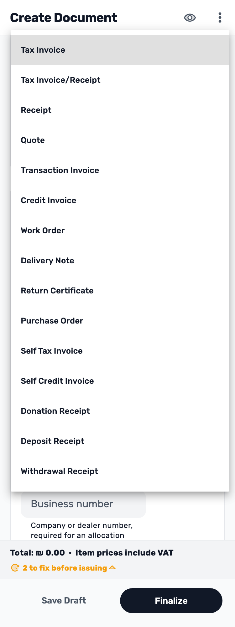 Original Lynxbe screen: Choose the document type. Isolated demonstration data.