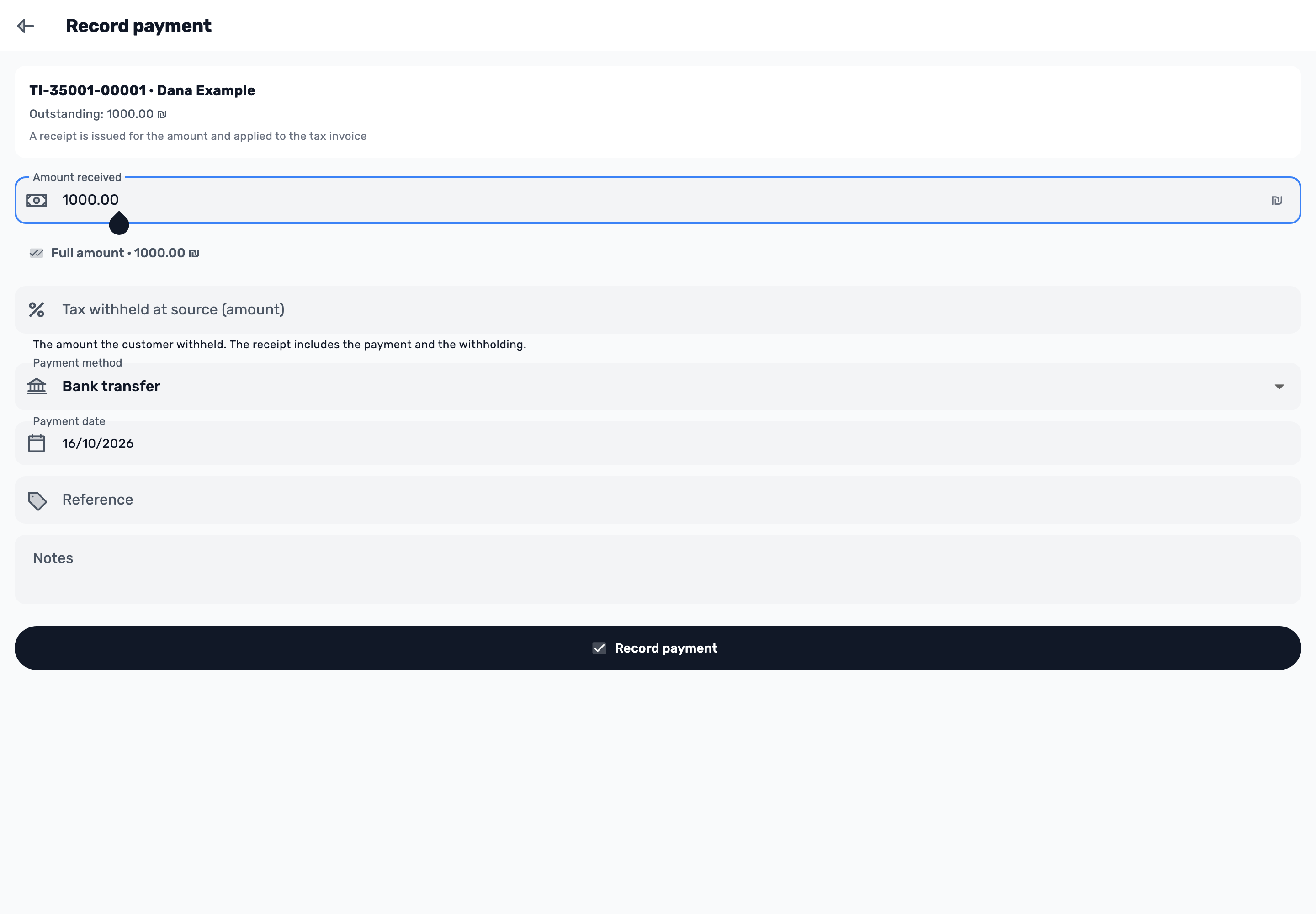 Original Lynxbe screen: Record a received payment. Isolated demonstration data.
