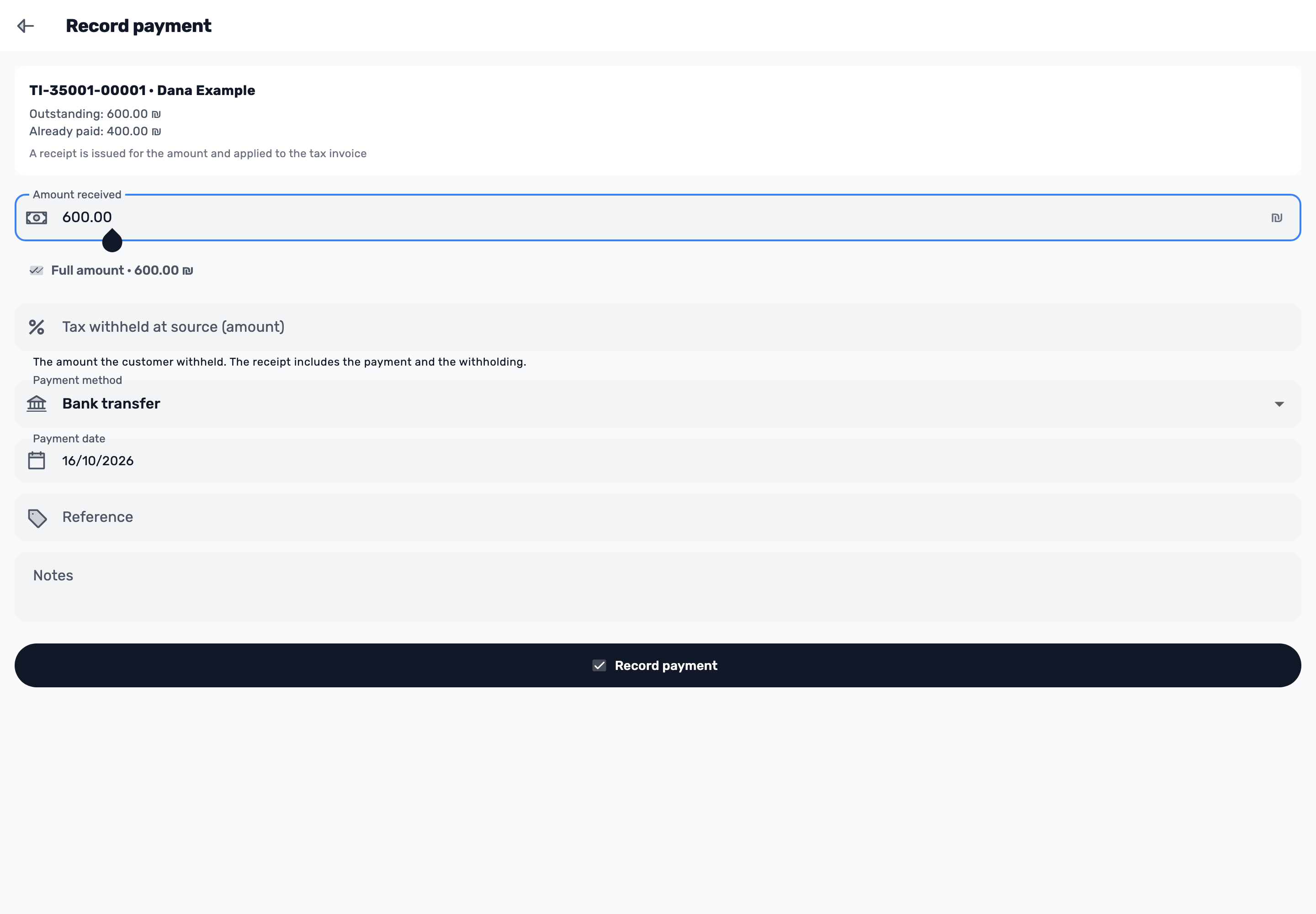 Original Lynxbe screen: Reopen the remaining balance. Isolated demonstration data.