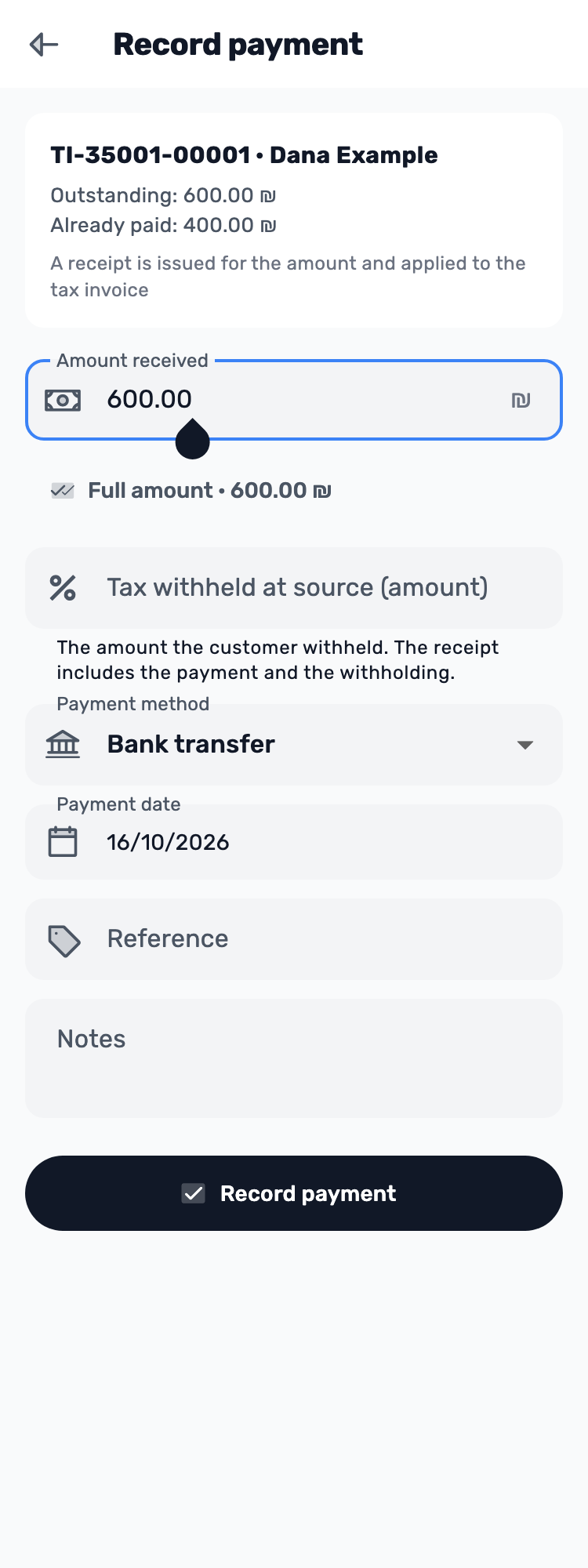 Original Lynxbe screen: Reopen the remaining balance. Isolated demonstration data.