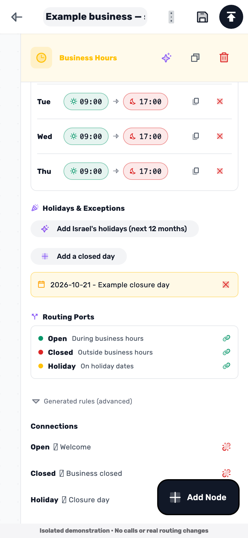 Lynxbe screen: Include a closure day Isolated demonstration data.
