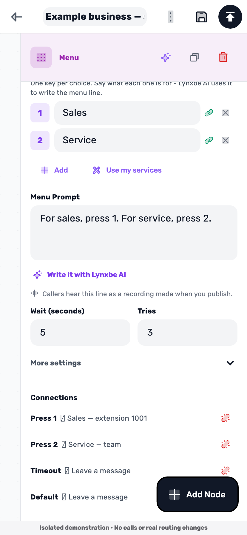 Lynxbe screen: Connect every key Isolated demonstration data.