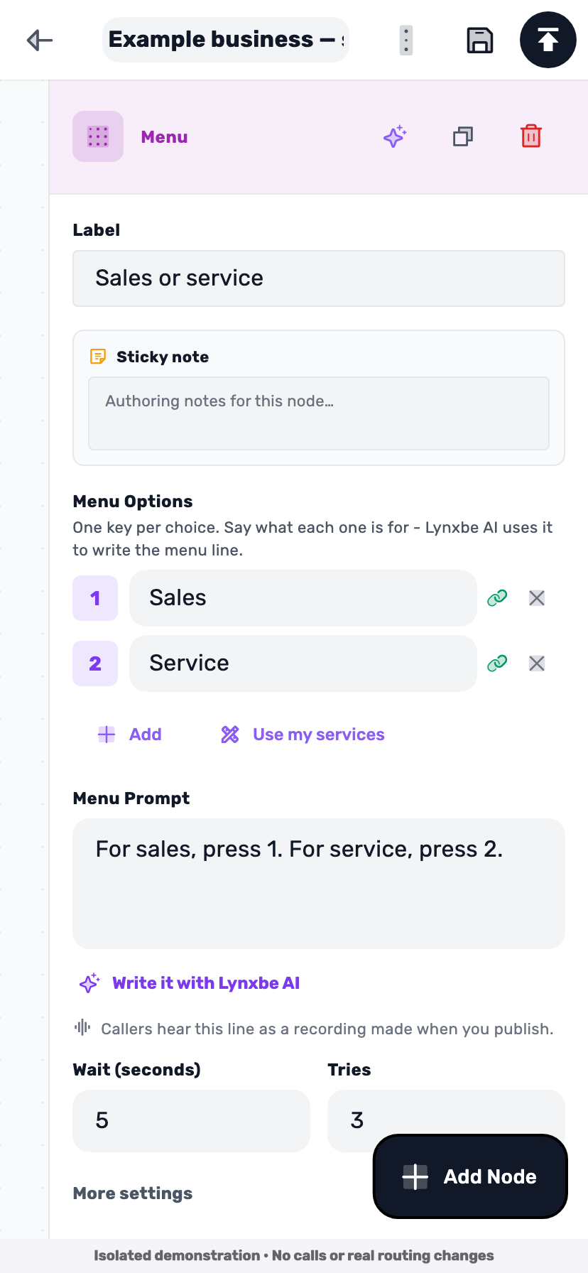 Lynxbe screen: Two keys. Two choices. Isolated demonstration data.