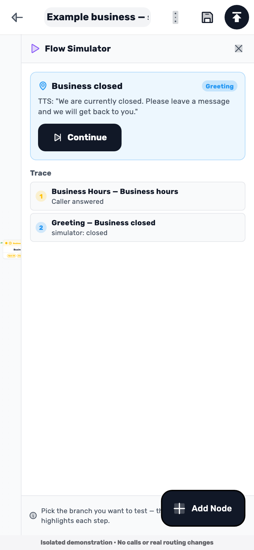 Lynxbe screen: Check the closed branch Isolated demonstration data.