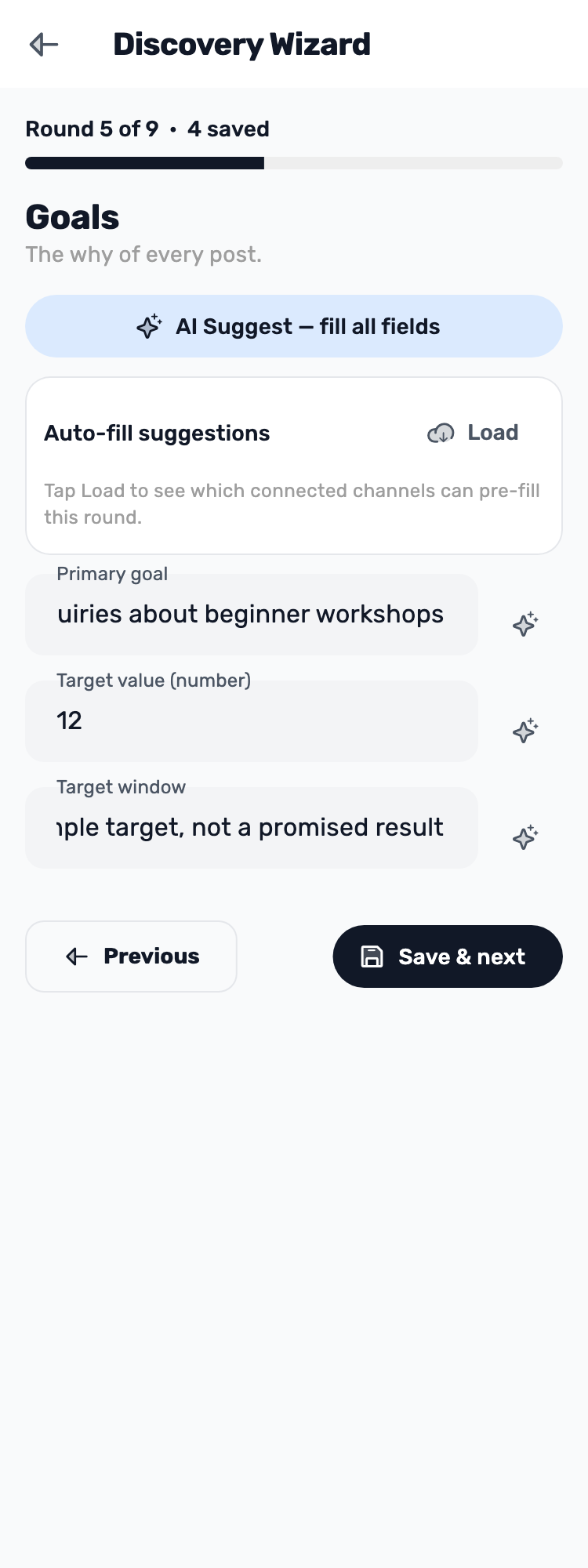 Original Lynxbe screen: Choose a goal you can check. Isolated demonstration data.