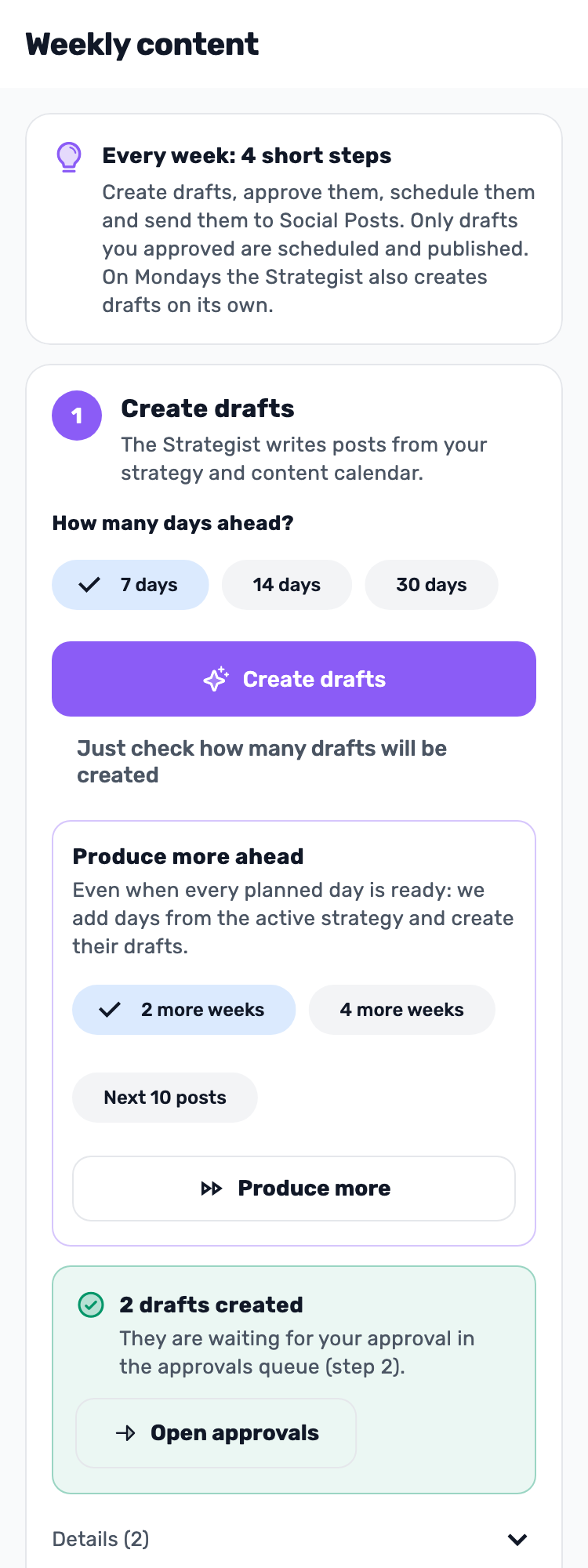 Original Lynxbe screen: Create the week’s drafts. Isolated demonstration data.