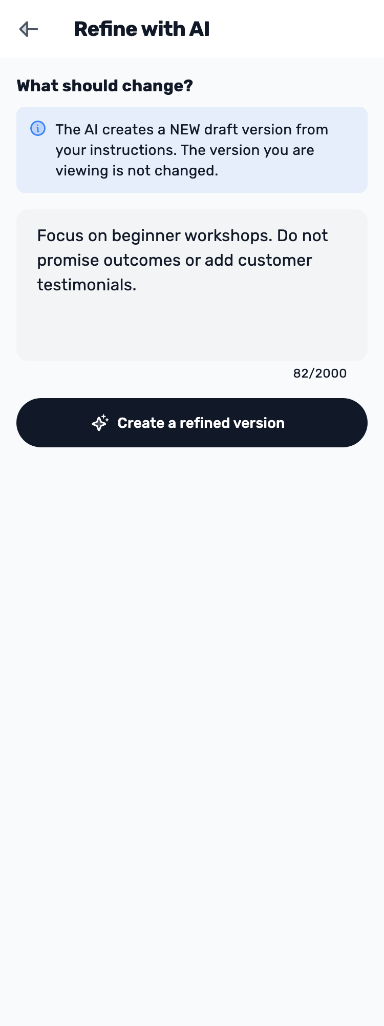 Original Lynxbe screen: Ask for a specific change. Isolated demonstration data.