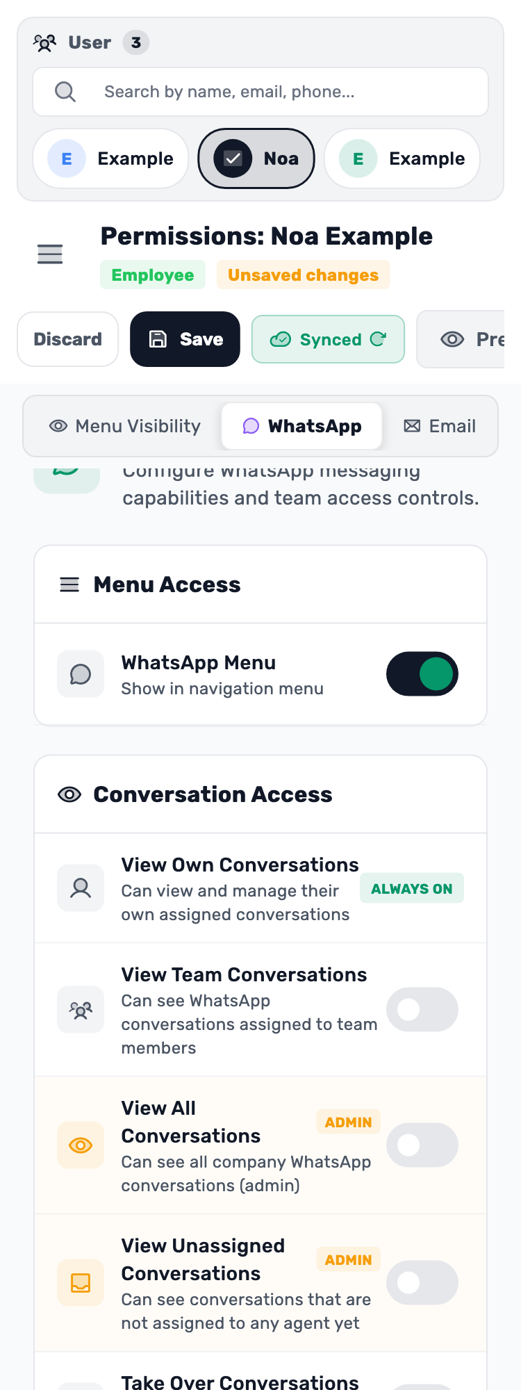 Original Lynxbe screen: Noa keeps access to her conversations. Isolated demonstration data.
