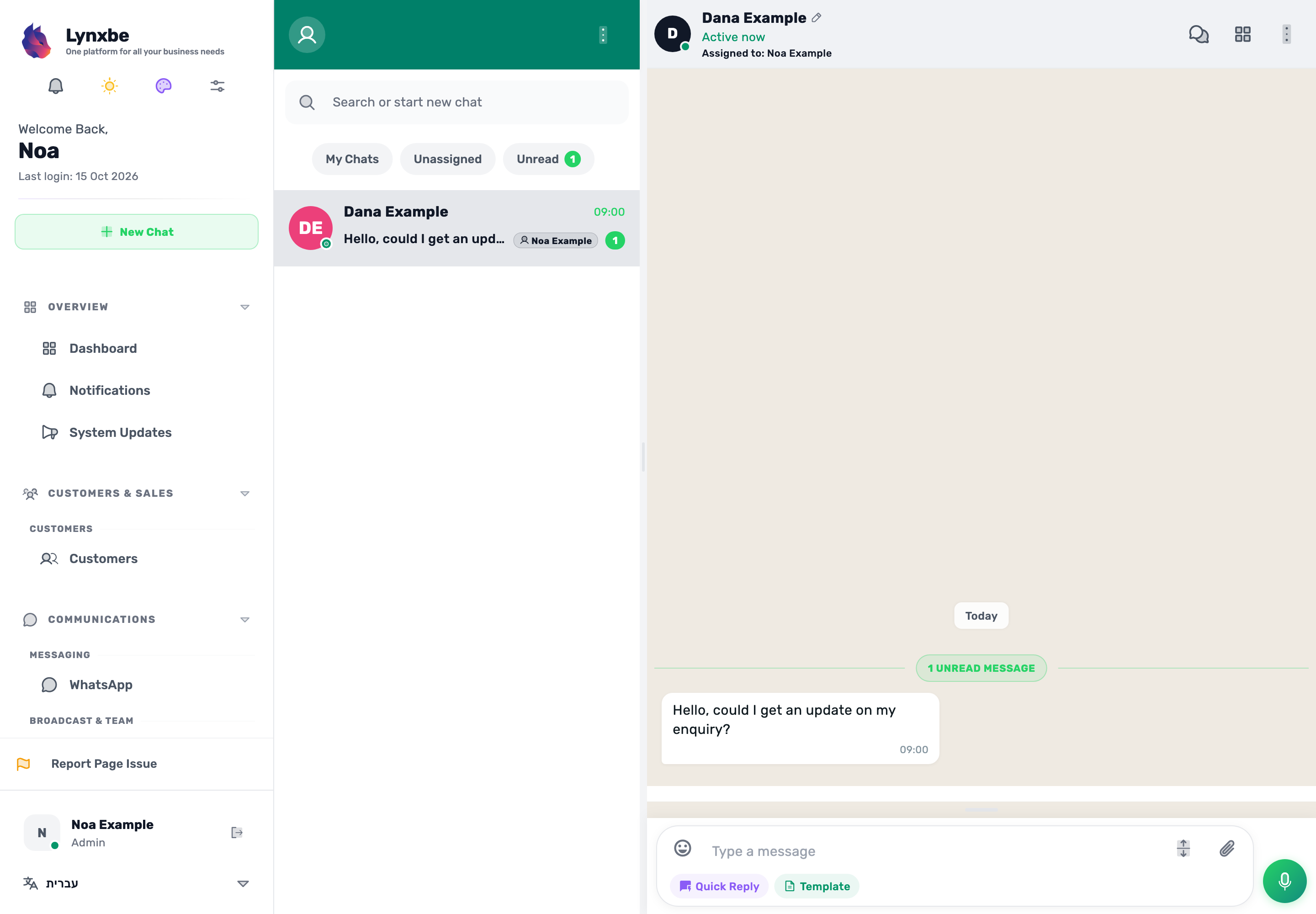 Original Lynxbe screen: Open Noa’s conversation. Isolated demonstration data.
