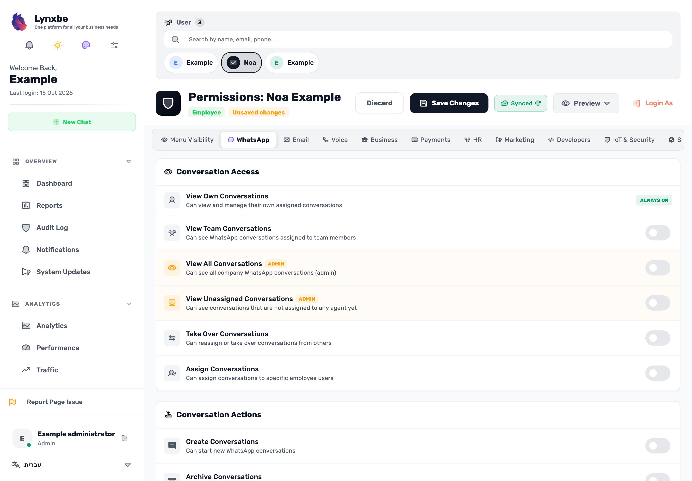 Original Lynxbe screen: Unassigned conversations need a choice too. Isolated demonstration data.