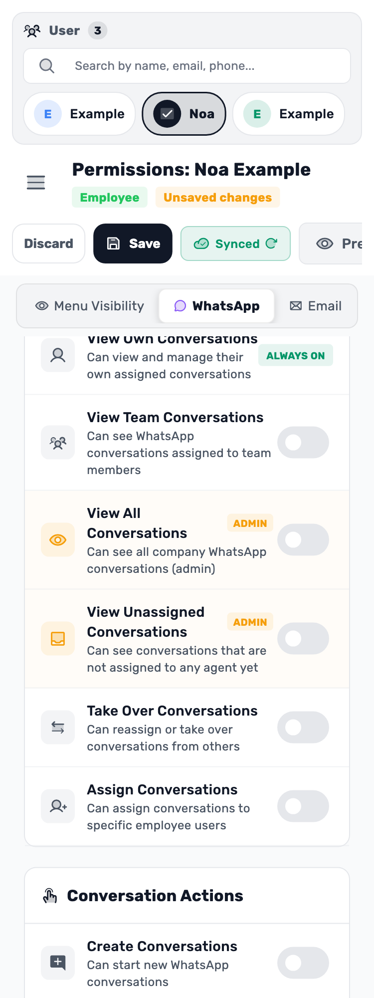 Original Lynxbe screen: Unassigned conversations need a choice too. Isolated demonstration data.