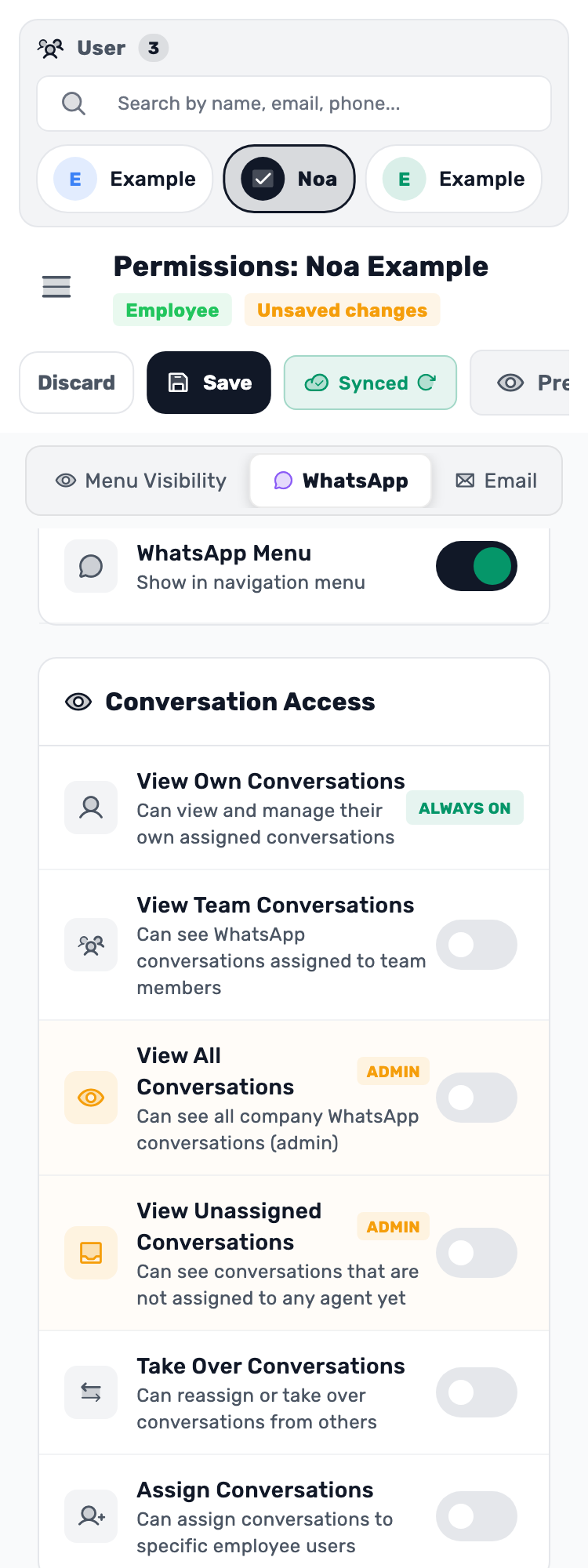 Original Lynxbe screen: Open WhatsApp permissions. Isolated demonstration data.