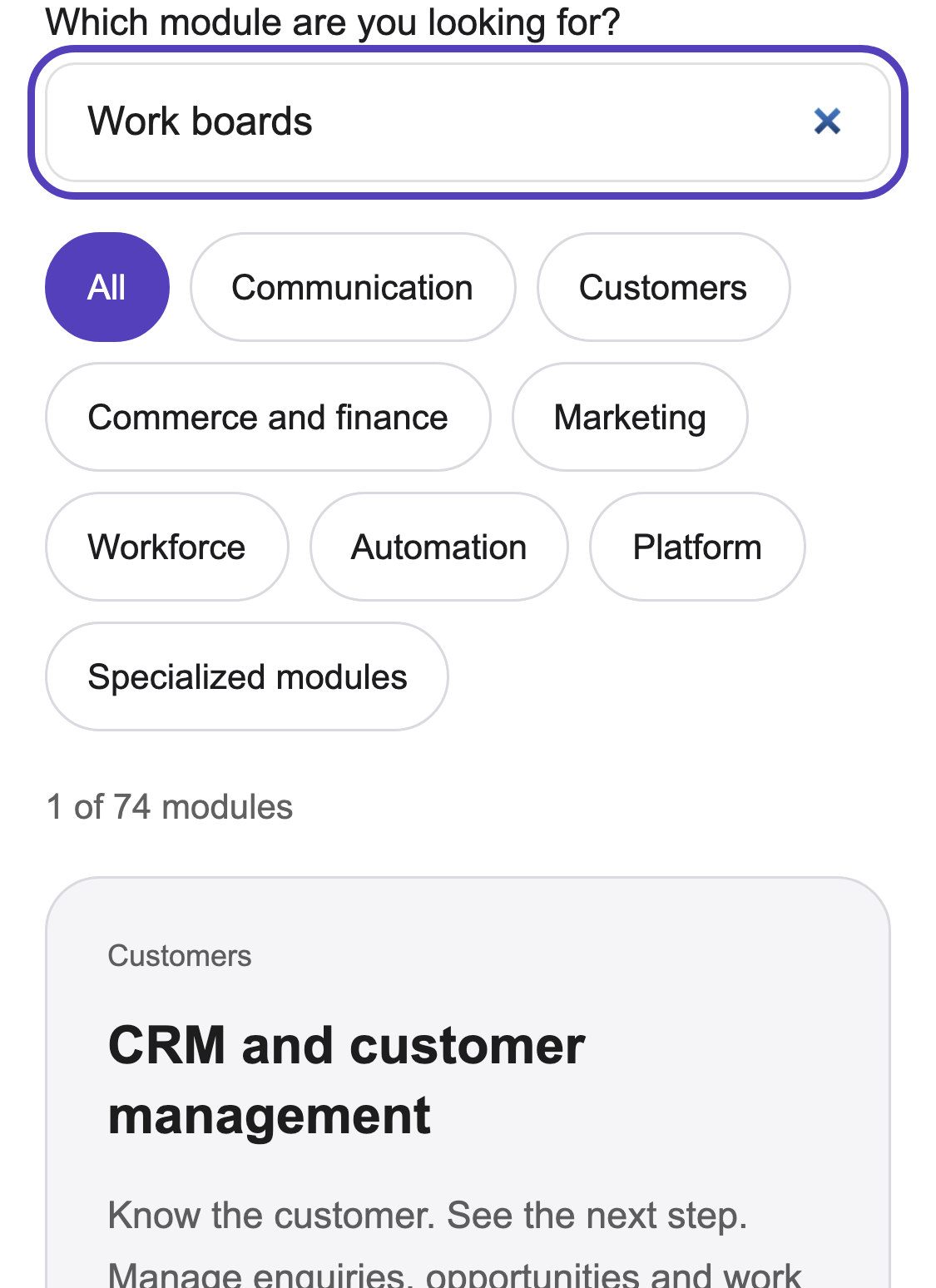 Work boards search in the catalog with CRM and customer management as the result