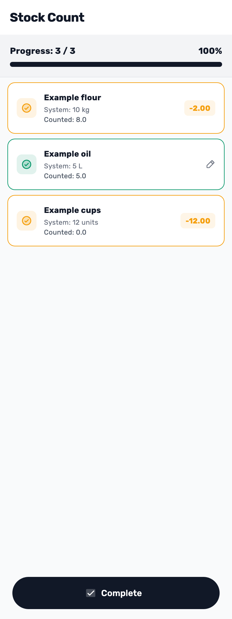 Original Lynxbe screen: 3 of 3. Check every number. Stock count with isolated demonstration data.