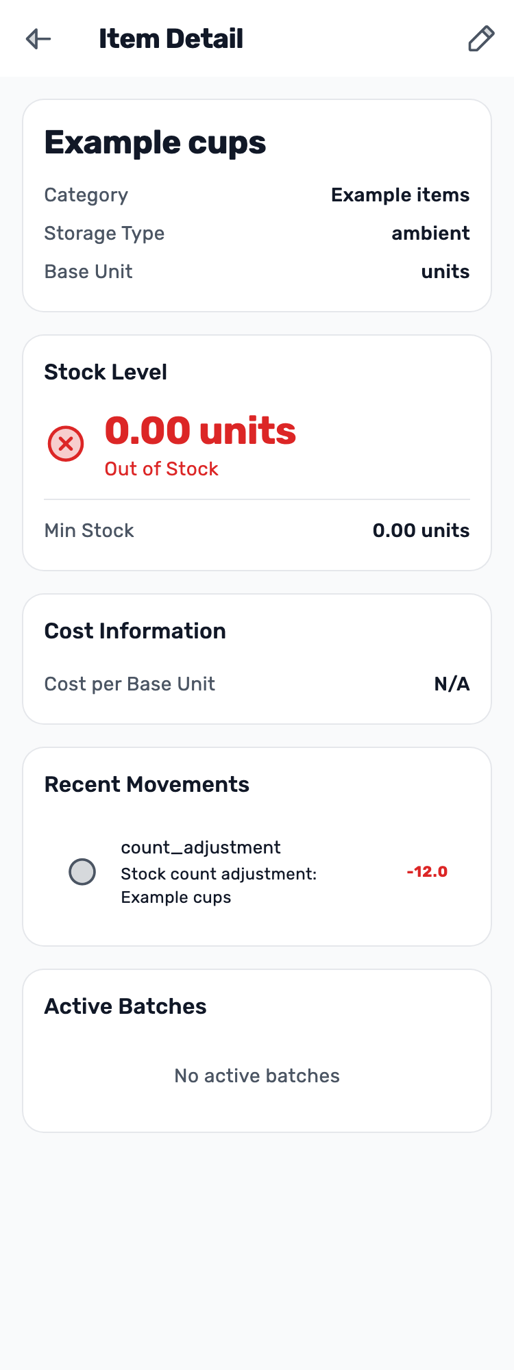 Original Lynxbe screen: Setting zero also has a movement. Stock count with isolated demonstration data.